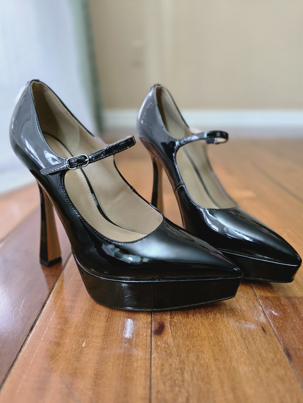 Sam Edelman Black Patent Mary Jane Platform Heels 8 Pointed Toe Y2K Stiletto